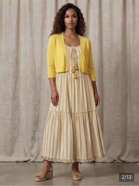 blue island Mustard and White Striped Tiered Tassel Maxi Dress